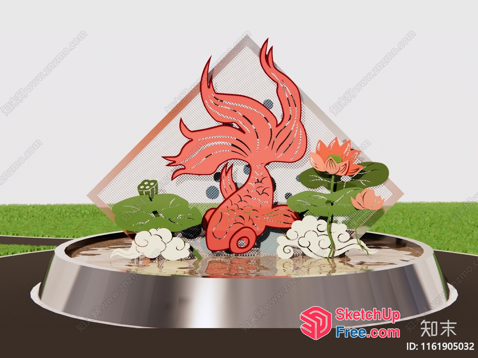 Oriental-Inspired Water Feature With Koi Fish And Lotus Flowers 3D SketchUp File