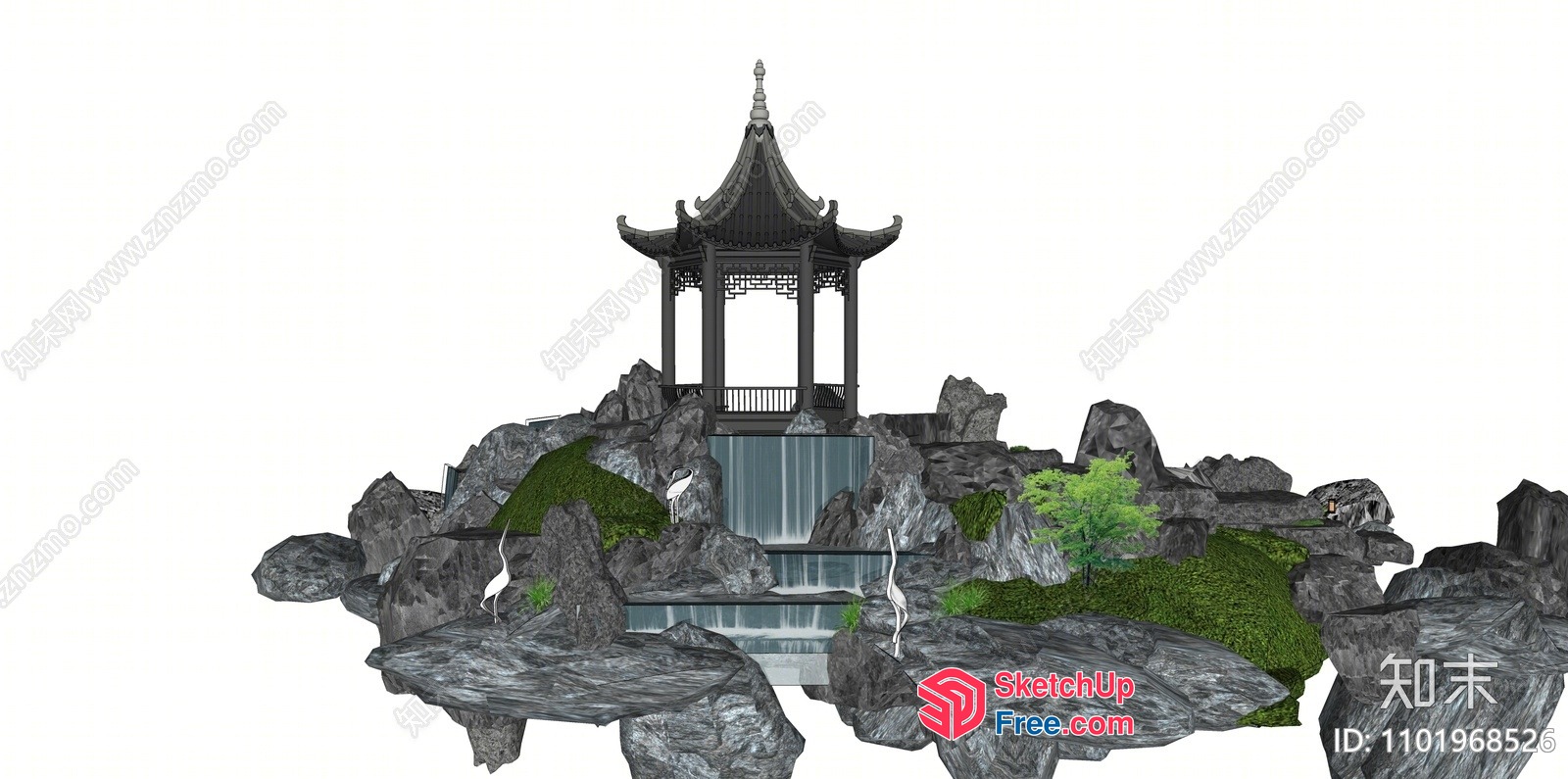 Japanese Style Pavilion On A Rocky Island 3D SketchUp File