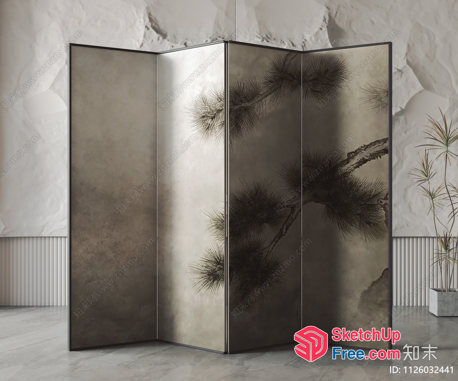 Four-Pannelled Partition Screen With Pine Tree Design 3D SketchUp File