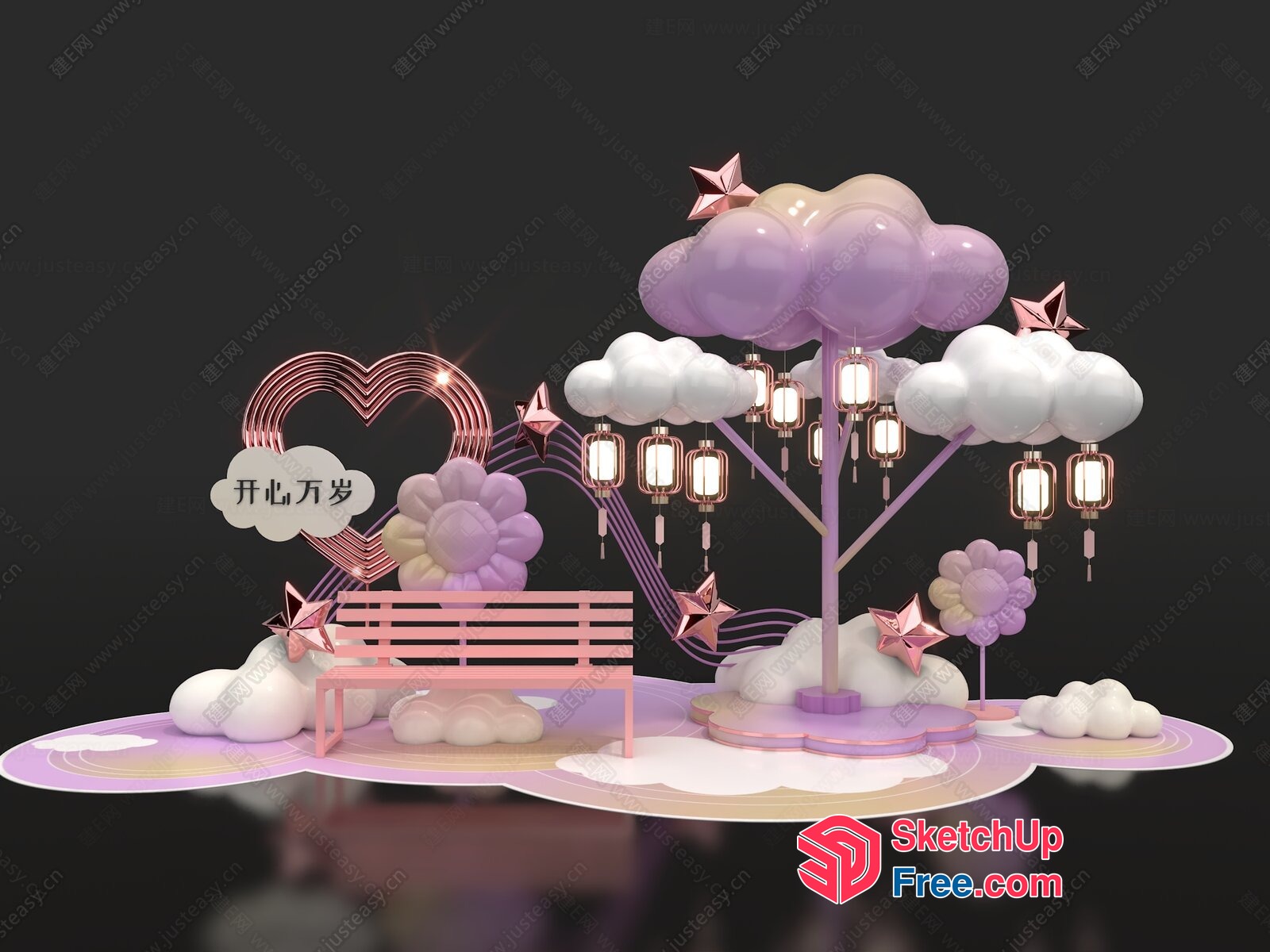 Cloudy Dreamy Night Market Scene 3D SketchUp File