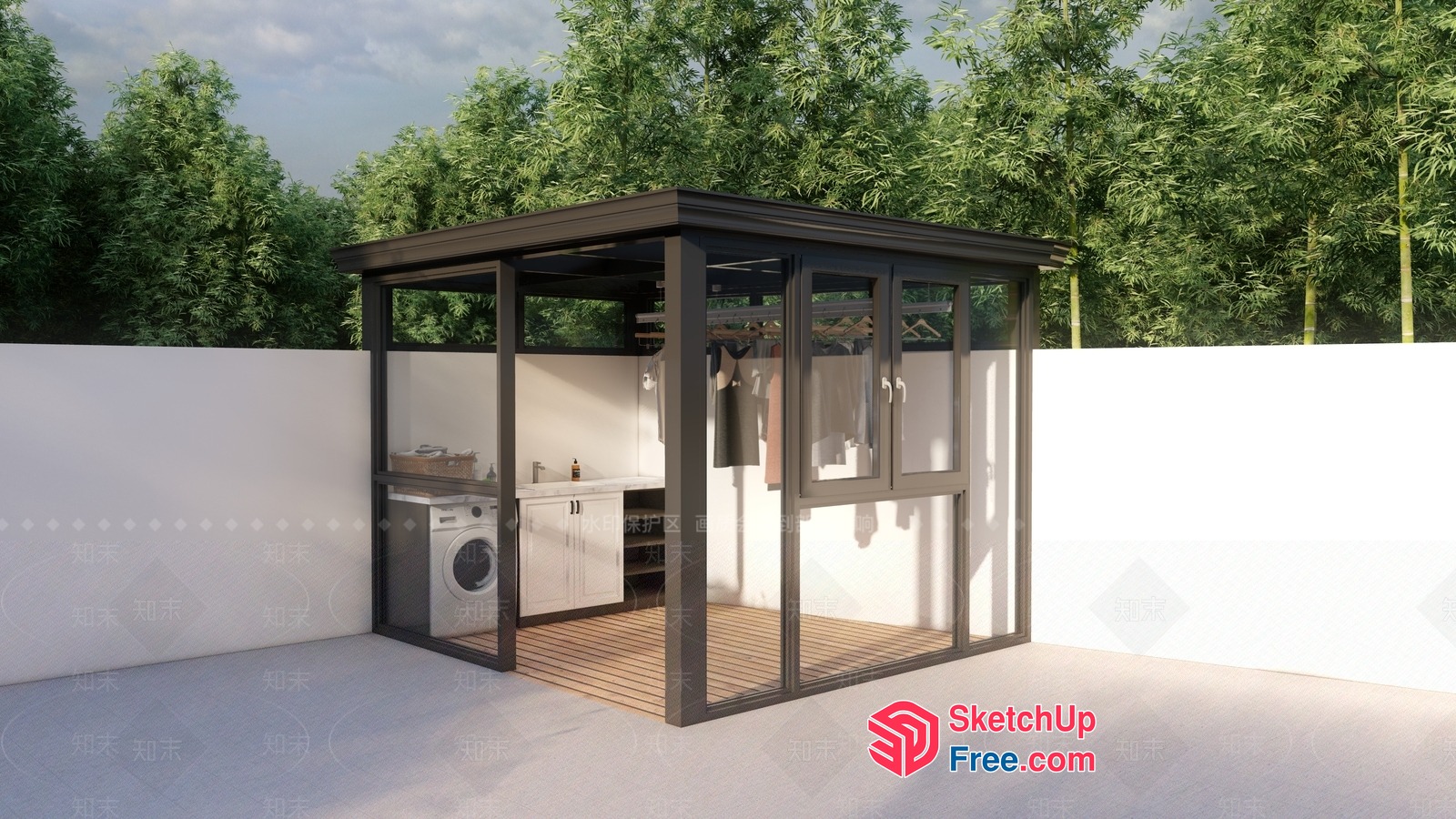 Outdoor Laundry Room With Glass Walls And Wooden Floor 3D SketchUp File