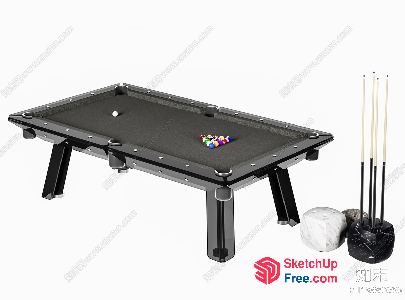 Elegant Black Billiard Table With Balls And Cue Sticks 3D SketchUp File