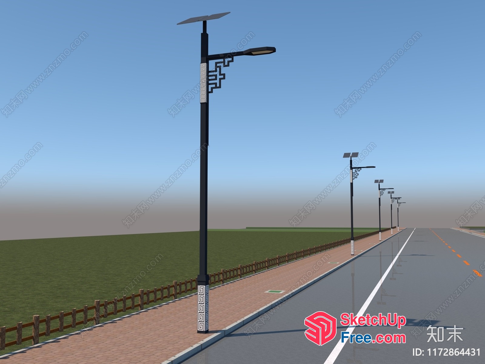 A Row Of Streetlights Along A Paved Road 3D SketchUp File