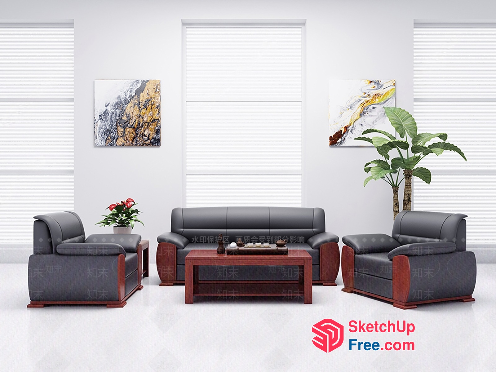 Modern Gray Leather Sofa And Chair Set With Wooden Legs 3D SketchUp File