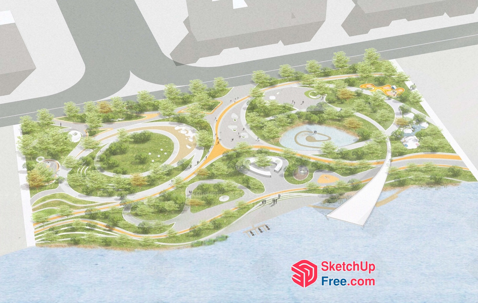 Modern Outdoor Landscape Park With Water Features And Greenery 3D SketchUp File