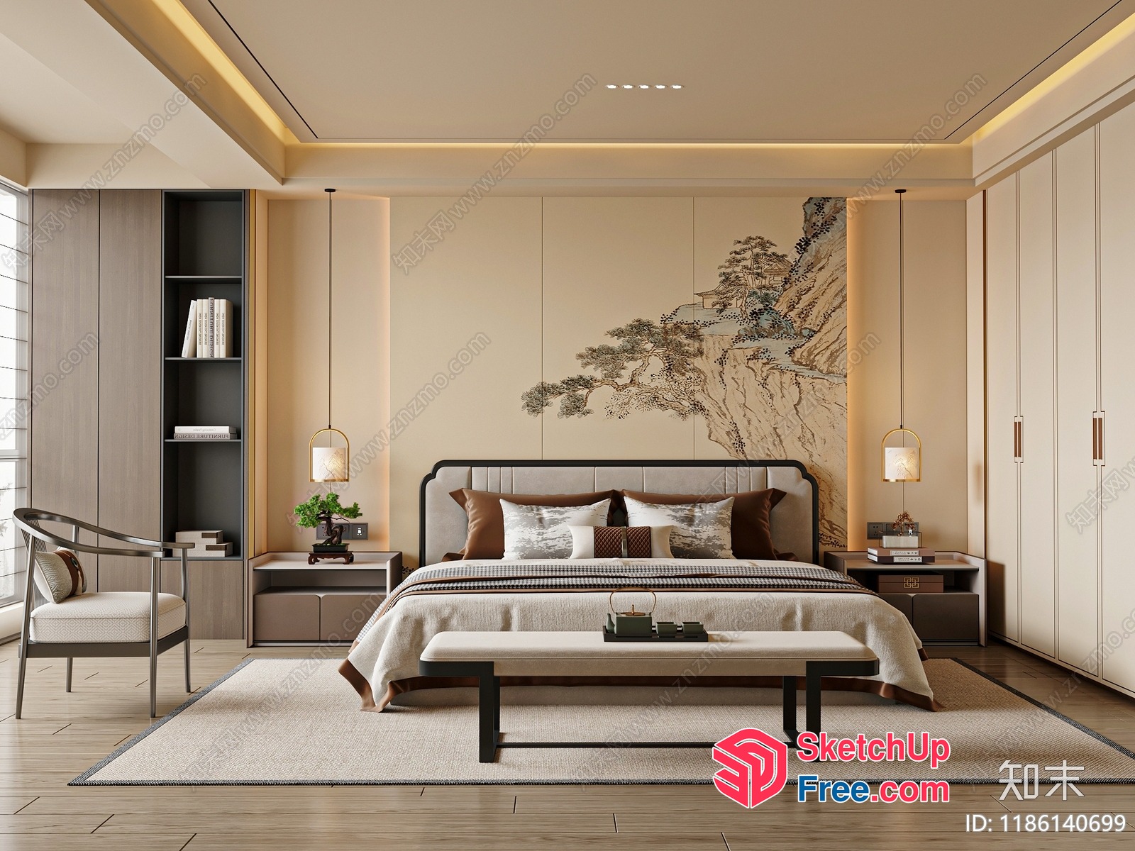 Elegant Japanese-Inspired Bedroom Interior 3D SketchUp File