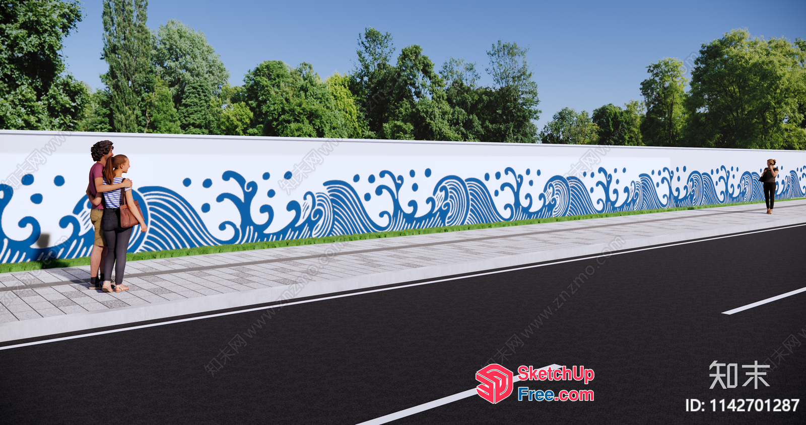 Outdoor Artistic Wall Design With Blue Wave Patterns 3D SketchUp File