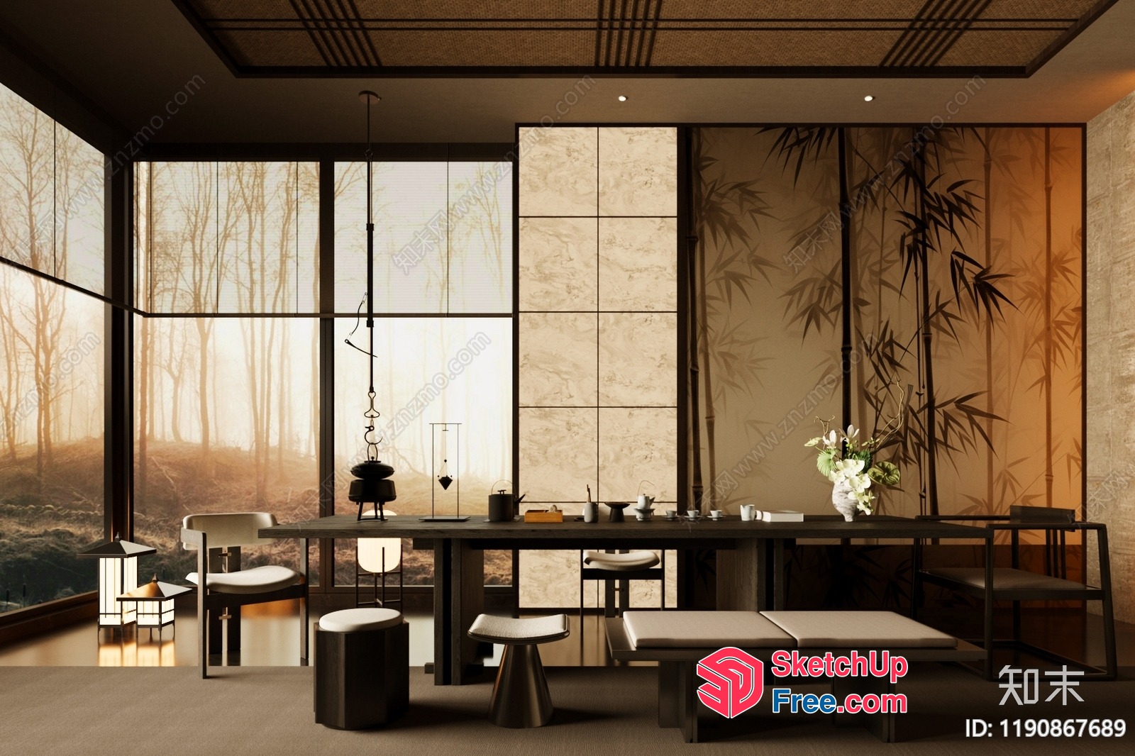 Japanese Inspired Modern Interior With Nature View 3D SketchUp File