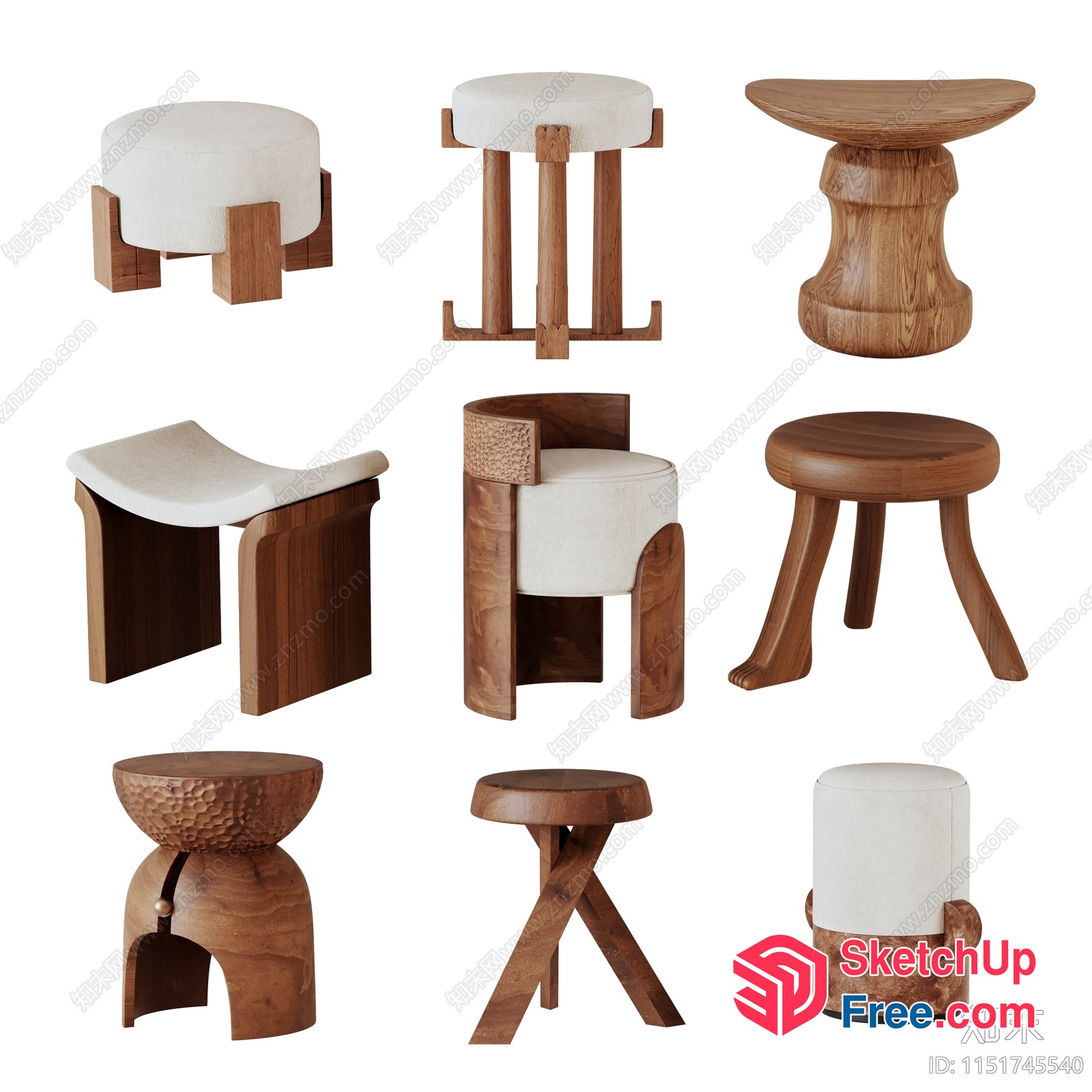 Collection Of 9 Unique Wooden Stools With Cushions 3D SketchUp File