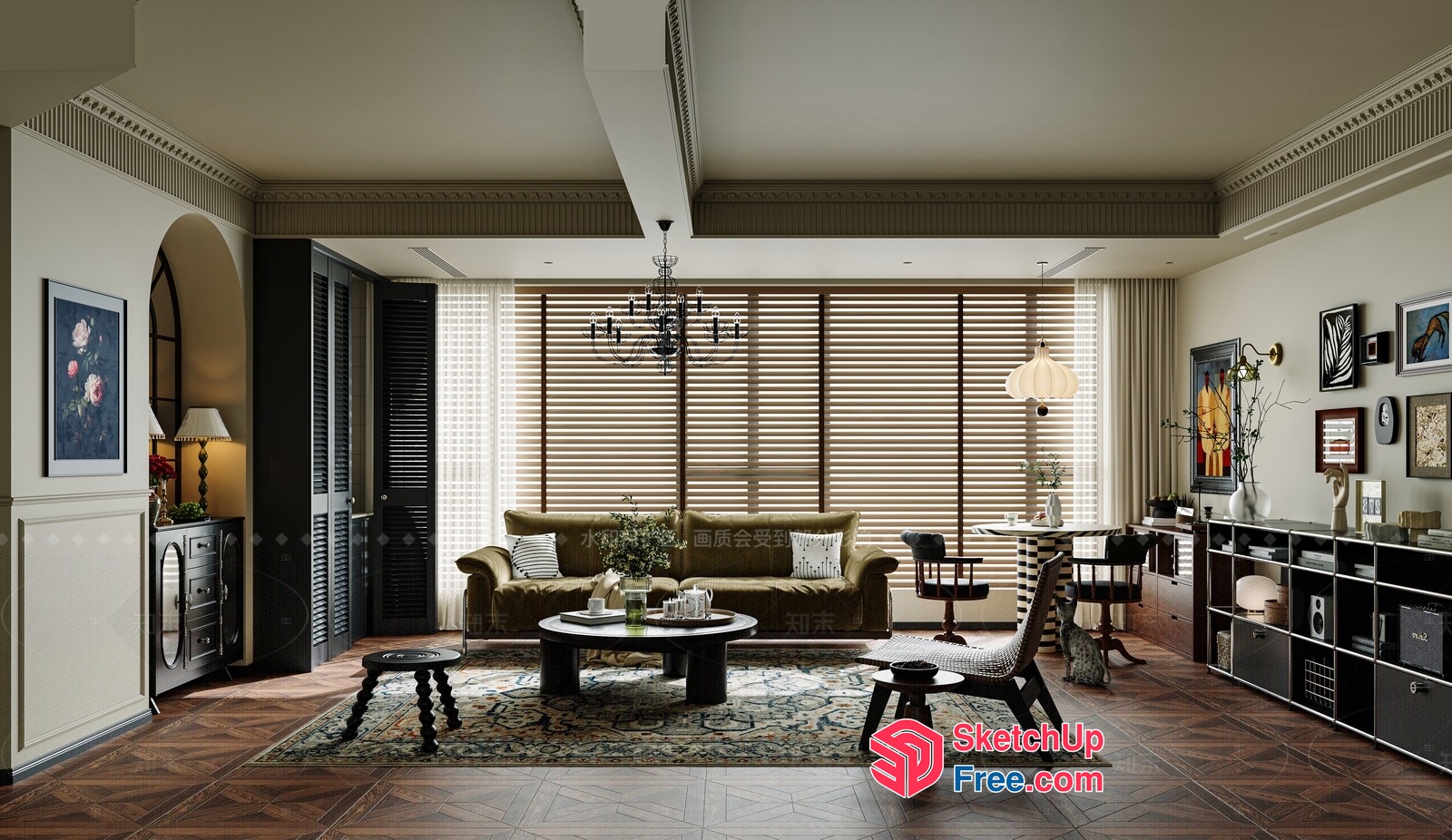Elegant Living Room With Rich Wood Accents And Cozy Seating 3D SketchUp File