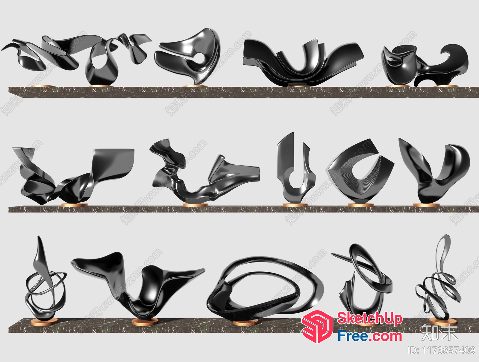 Abstract Black Sculptures On Marble Shelves 3D SketchUp File