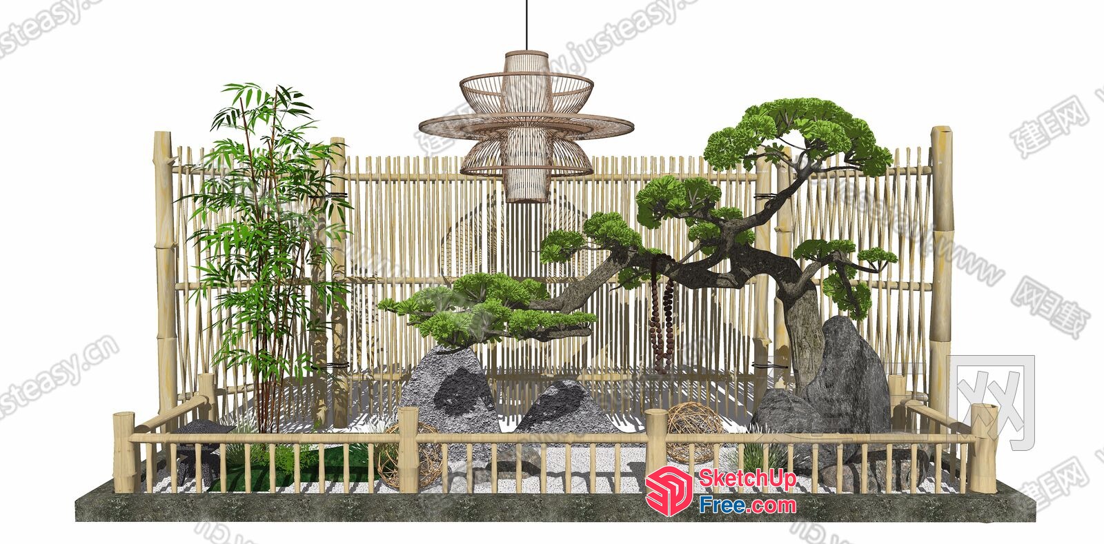 Japanese Style Garden With Bamboo Fence And Lantern 3D SketchUp File