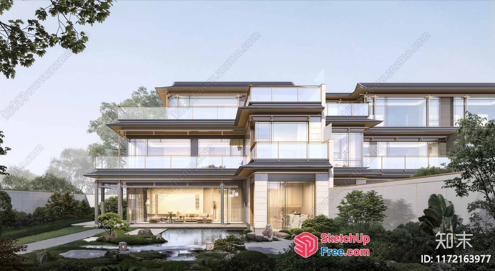 Modern Japanese-Style Villa With Elegant Glass Curtain Wall 3D SketchUp File