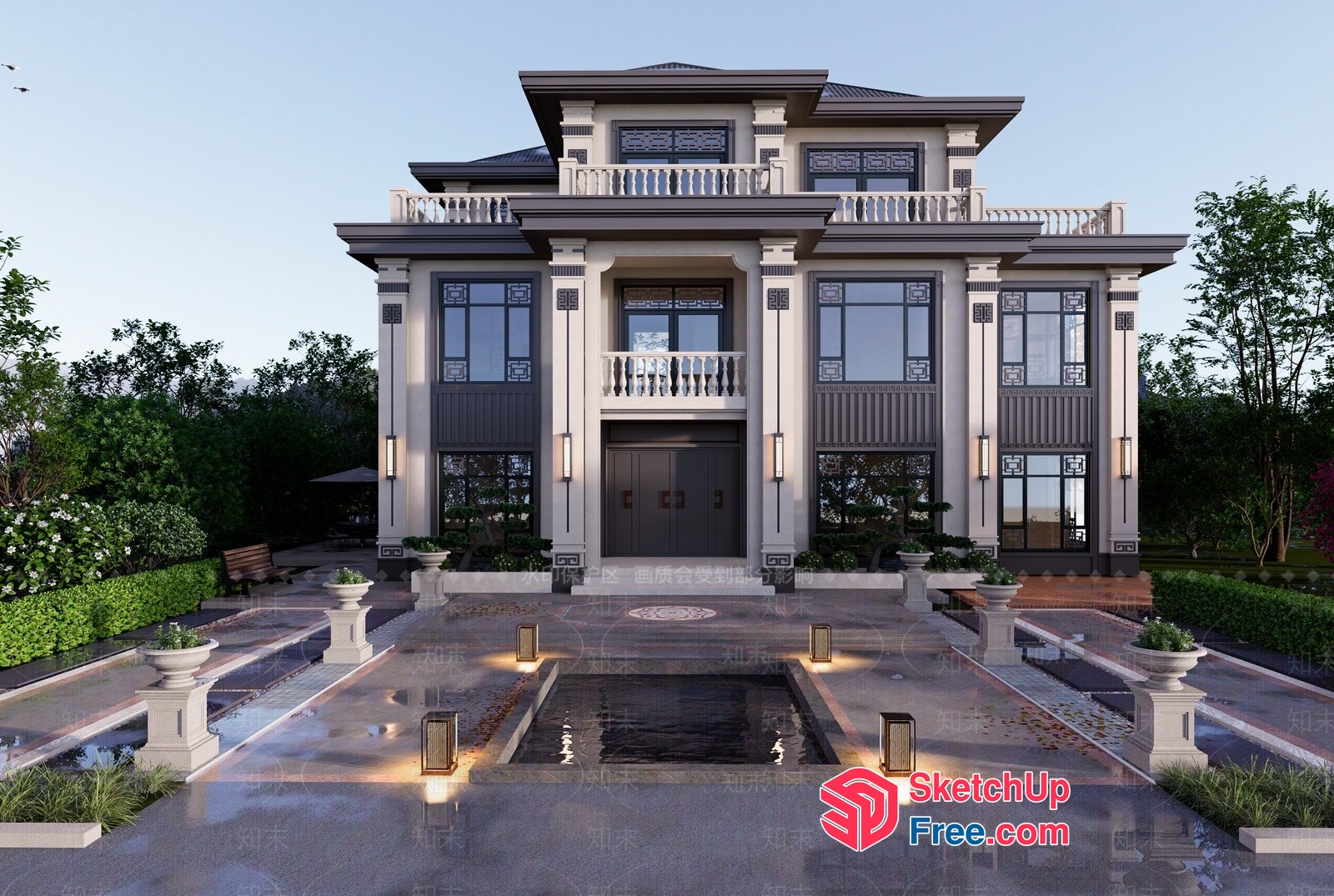 Grand Classical Mansion With Balcony And Pillars 3D SketchUp File