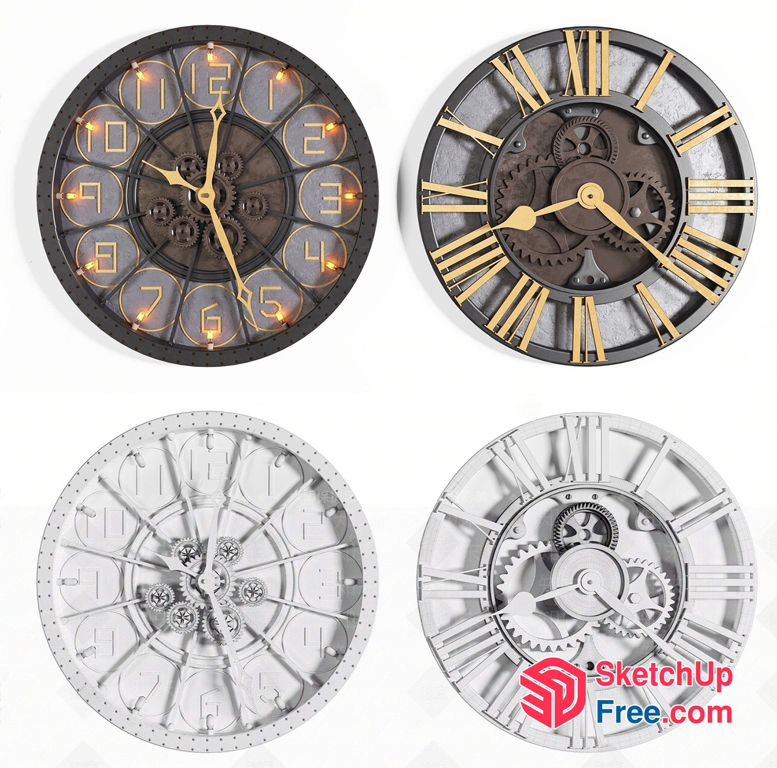 Industrial Style Clocks With Unique Gears And Roman Numerals 3D SketchUp File