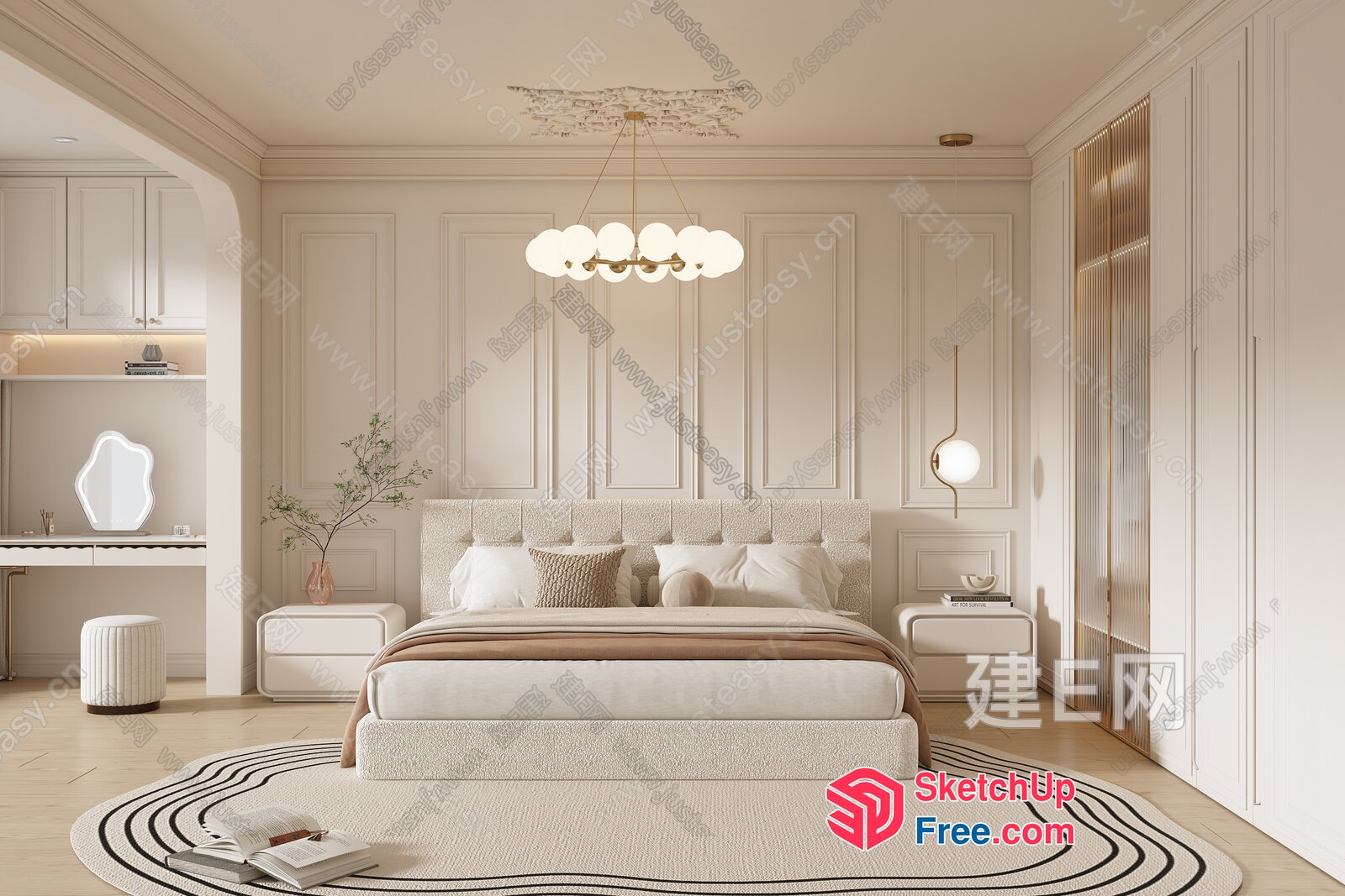 Elegant And Modern Creamy Style Bedroom 3D SketchUp File