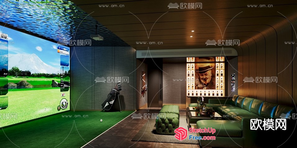 Golf Simulator Room With Green Leather Couches 3D SketchUp File