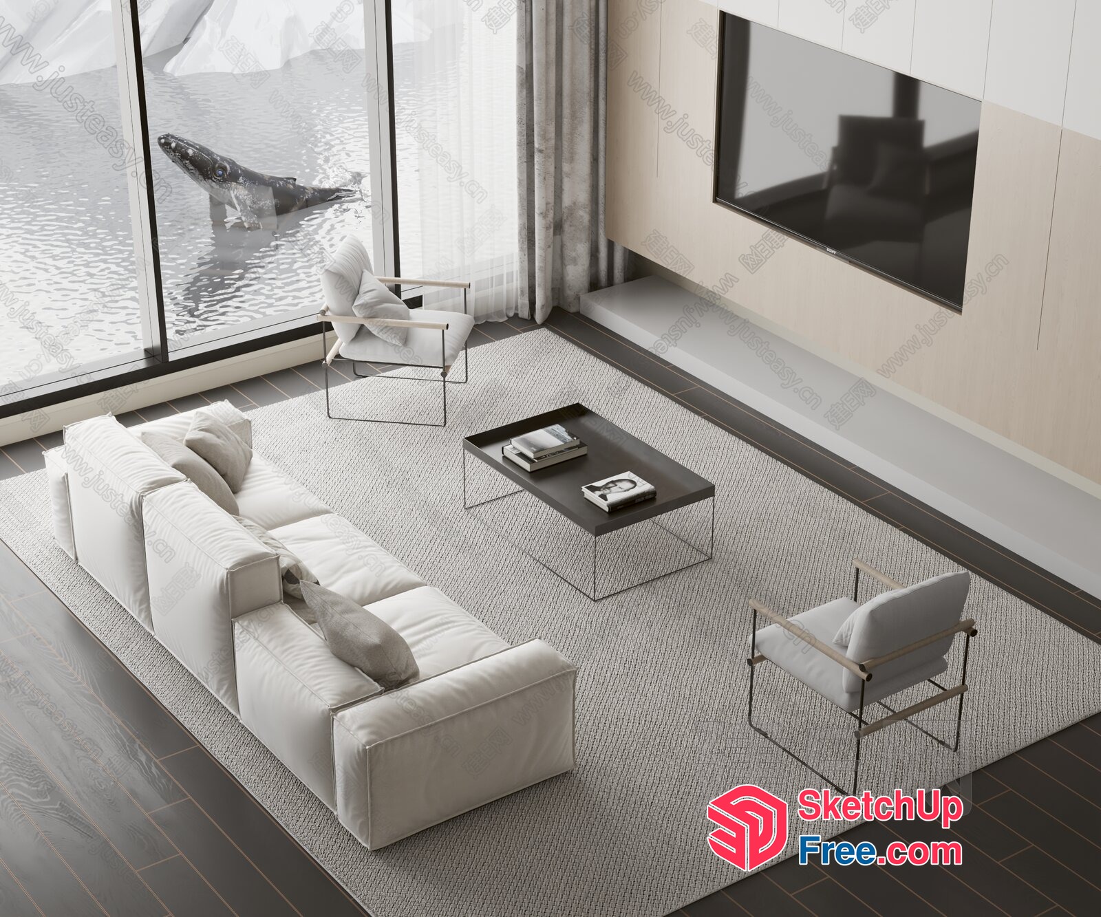 Modern Living Room With Large Windows And White Furniture 3D SketchUp File