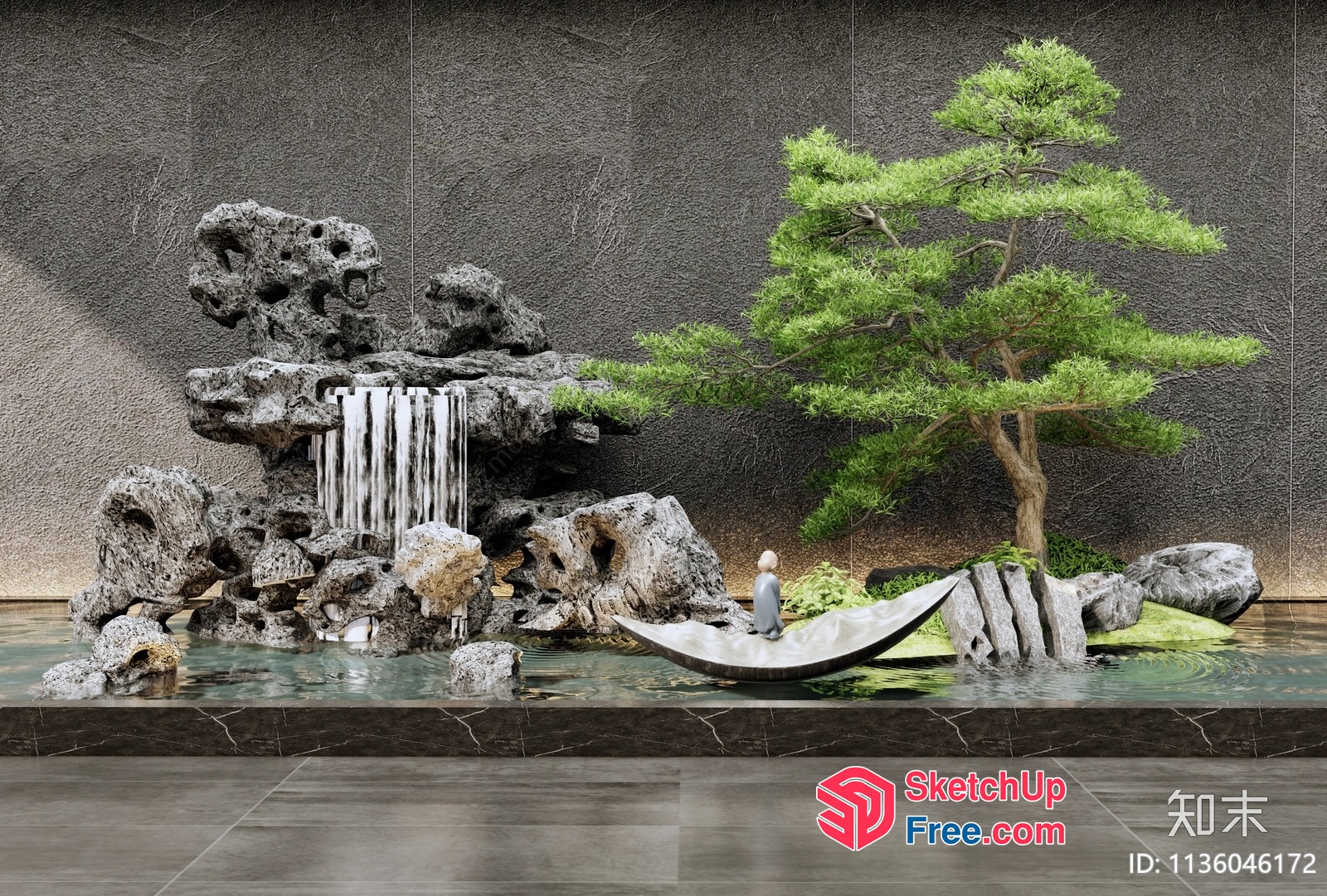 Serene Waterfall Oasis With A Japanese-Style Tree 3D SketchUp File