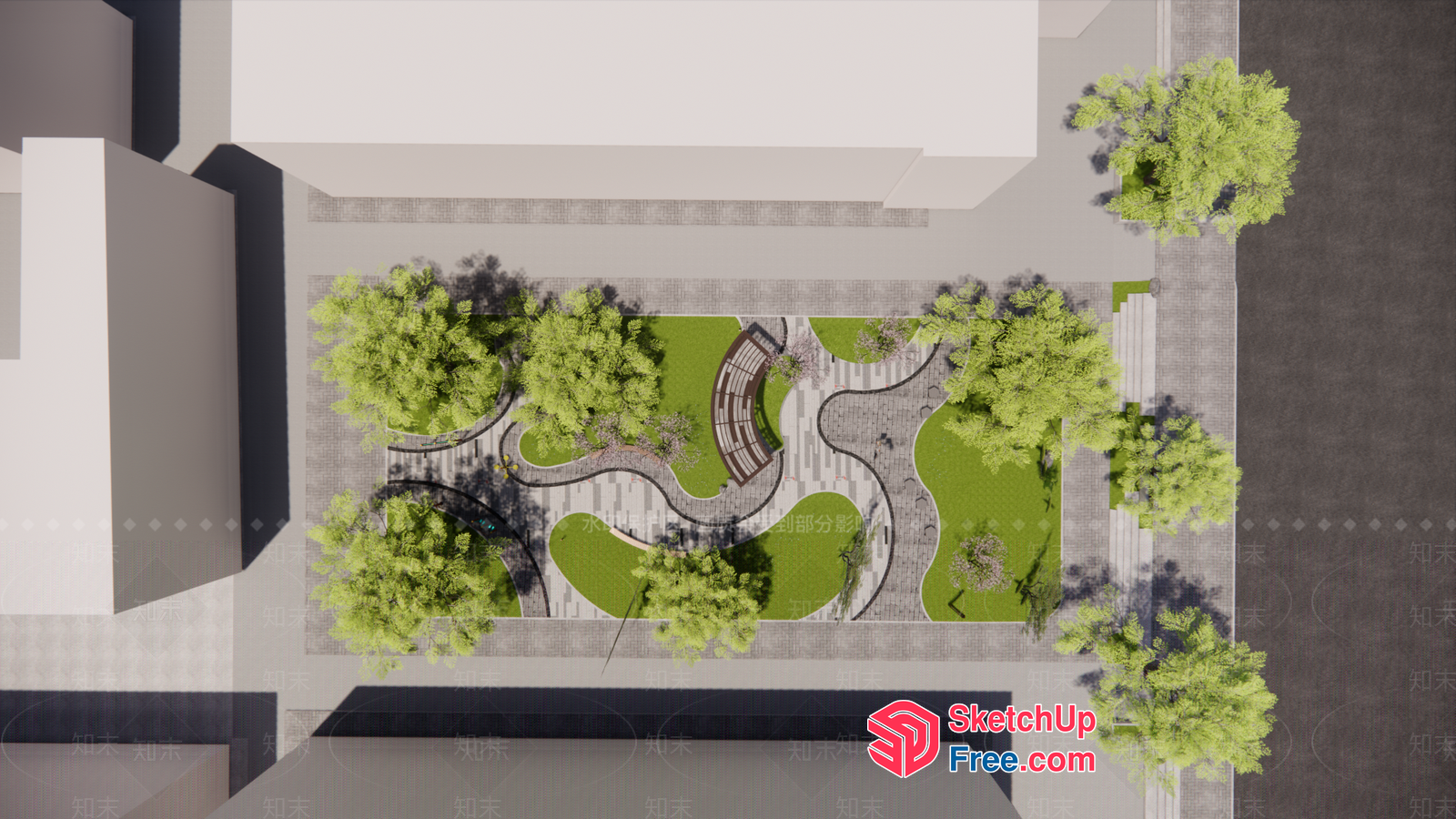 Modern Park Design With Serpentine Pathways And Lush Greenery 3D SketchUp File