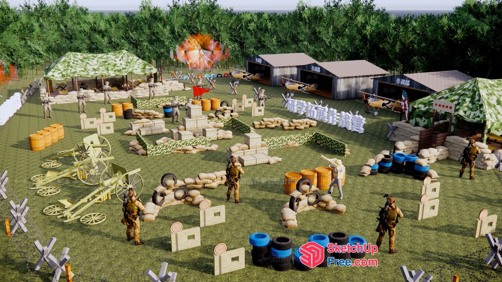 Military Training Ground With Various Obstacles And Equipment 3D SketchUp File