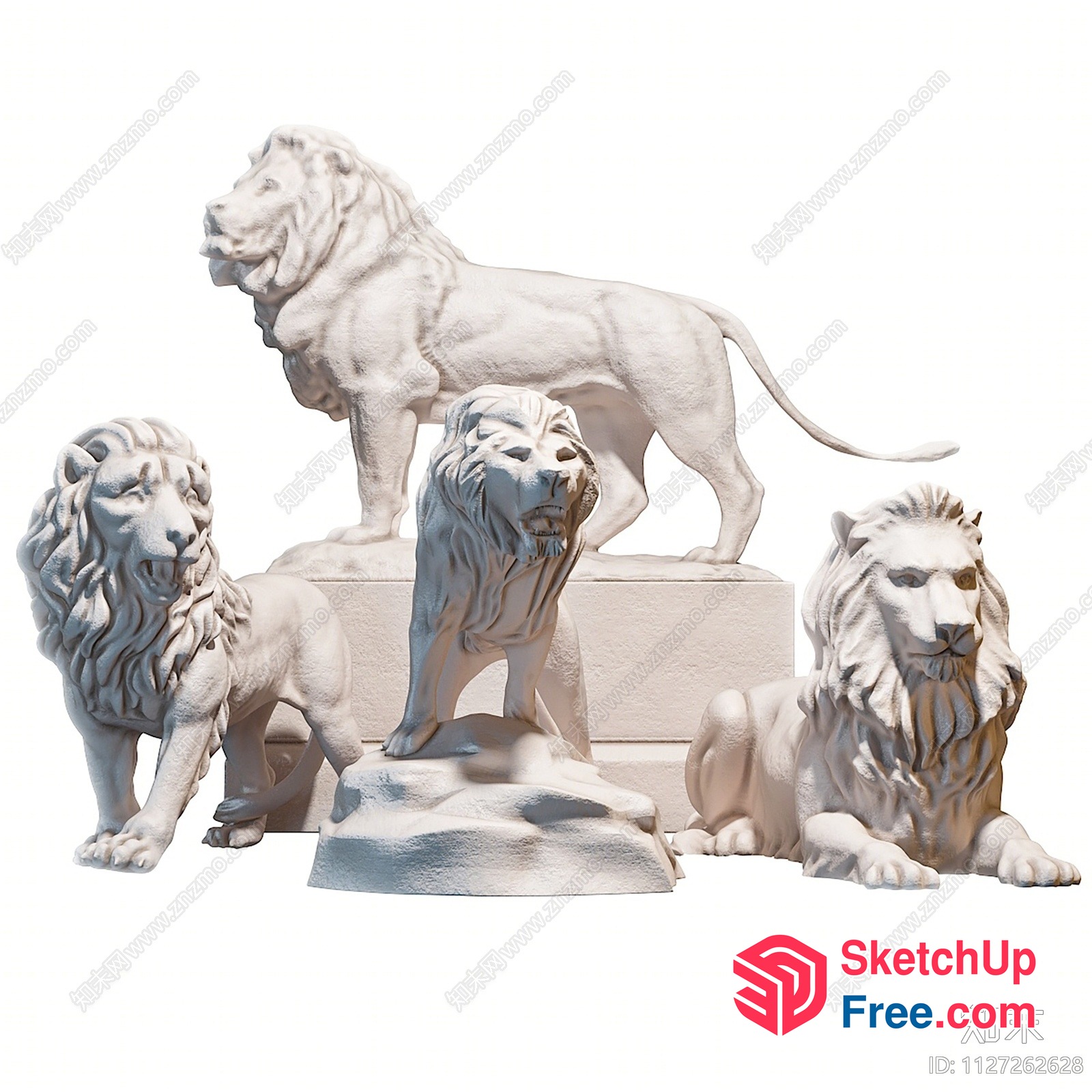 Four Majestic White Lion Statues 3D SketchUp File