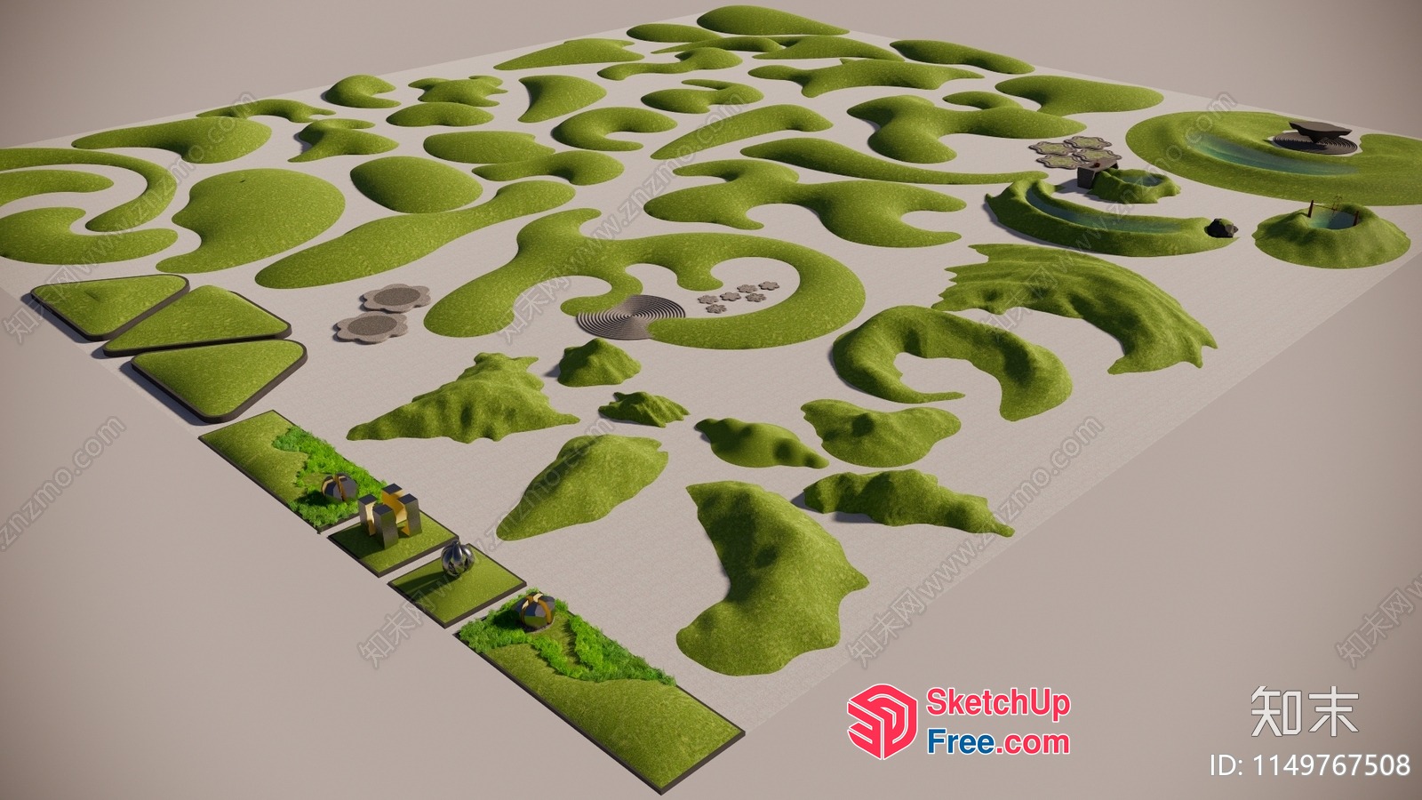 3D Landscape Design With Green Hills And Ponds 3D SketchUp File