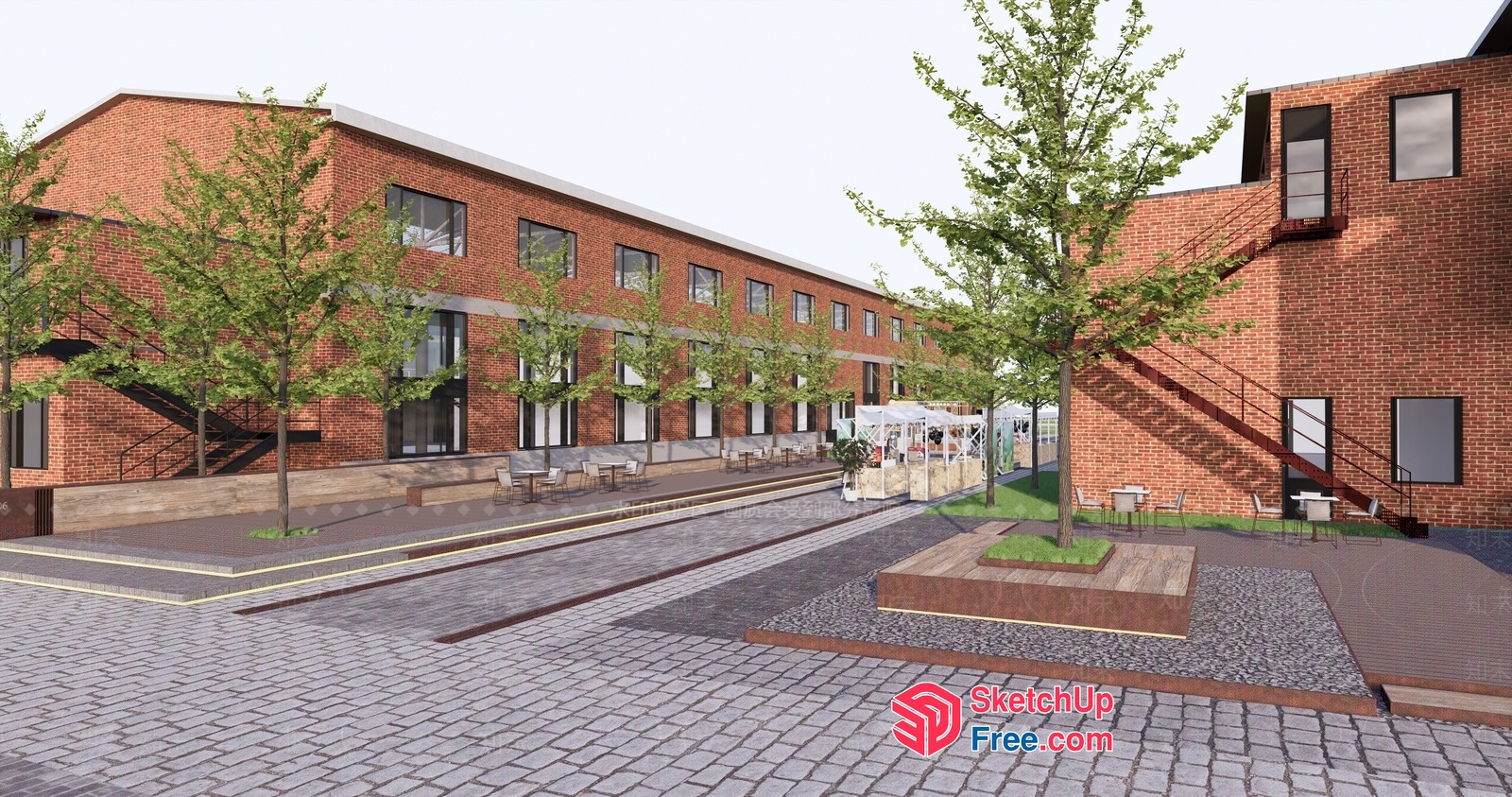 Exterior Brick Building With Cobblestone Courtyard And Trees 3D SketchUp File