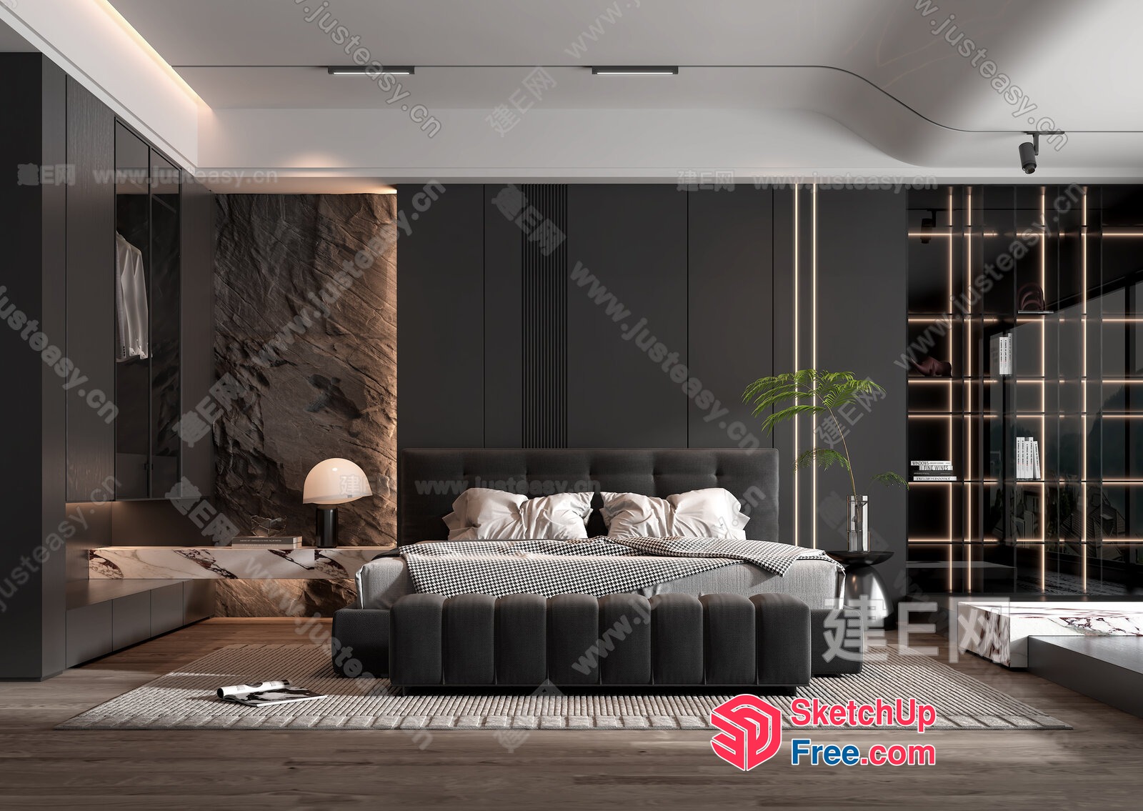 Modern Minimalist Bedroom With Natural Stone Accent 3D SketchUp File