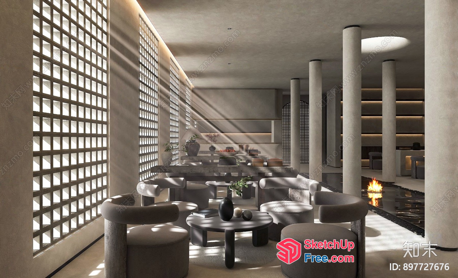Modern Japanese-Inspired Living Room With Pillars And Fireplace 3D SketchUp File