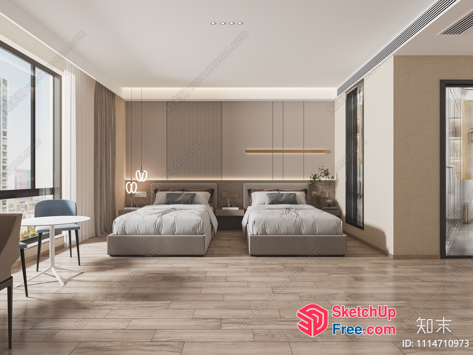 Modern Minimalist Bedroom With Two Beds And Neutral Decor 3D SketchUp File
