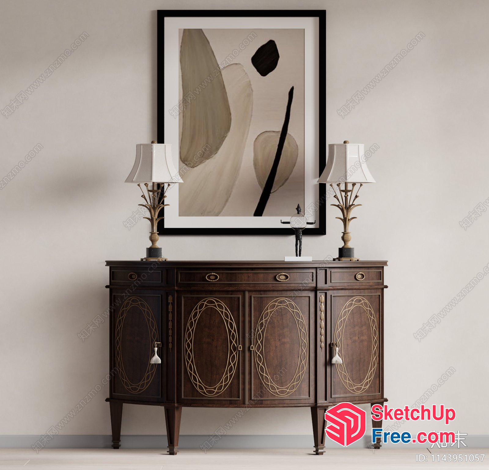 Classic Wooden Sideboard With Elegant Lamps And Abstract Art 3D SketchUp File