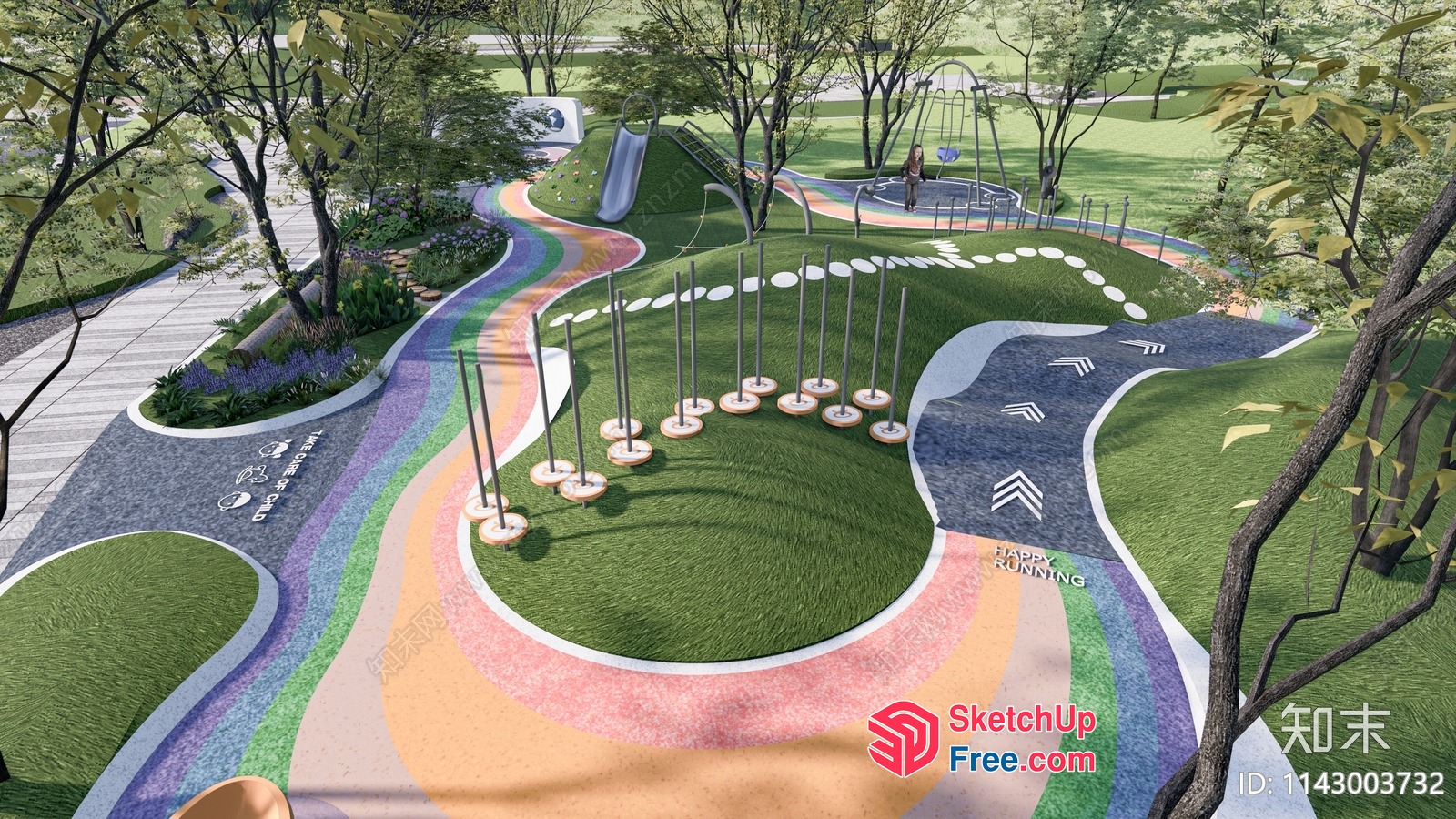 Vibrant Parkland With Colorful Pathways And Play Equipment 3D SketchUp File