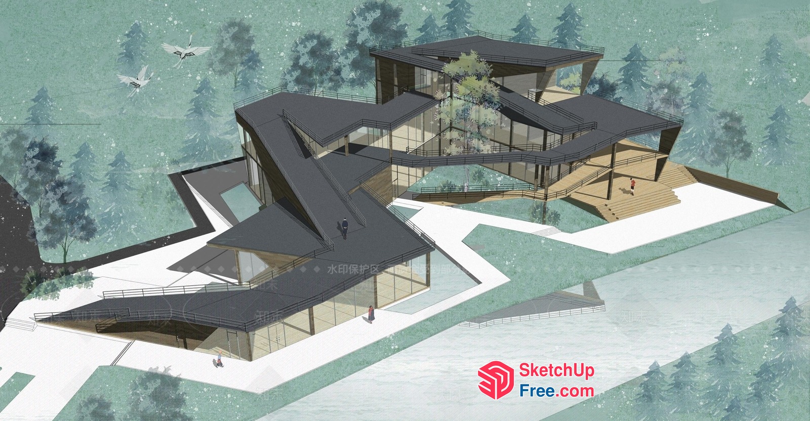 Modern Villa With Glass Curtain Wall And Railing 3D SketchUp File