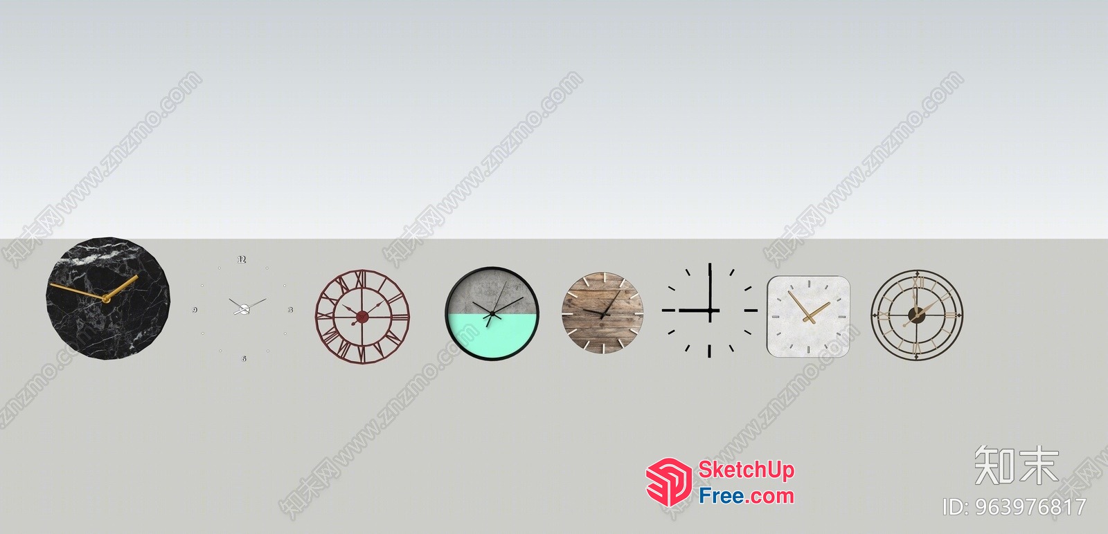 A Variety Of Clocks On A Light Grey Wall 3D SketchUp File