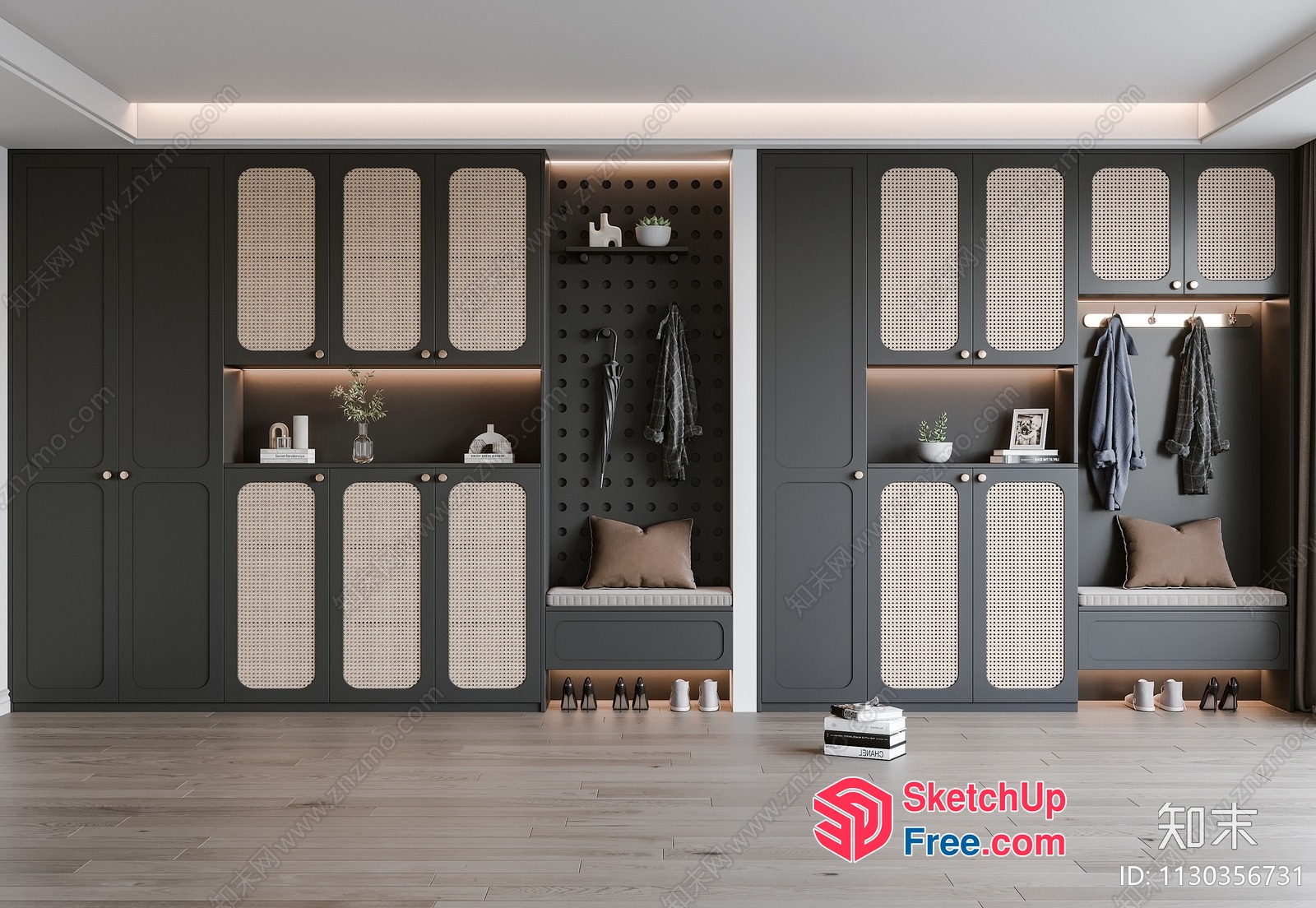 Modern Grey And White Storage Units With Natural Rattan Accents 3D SketchUp File