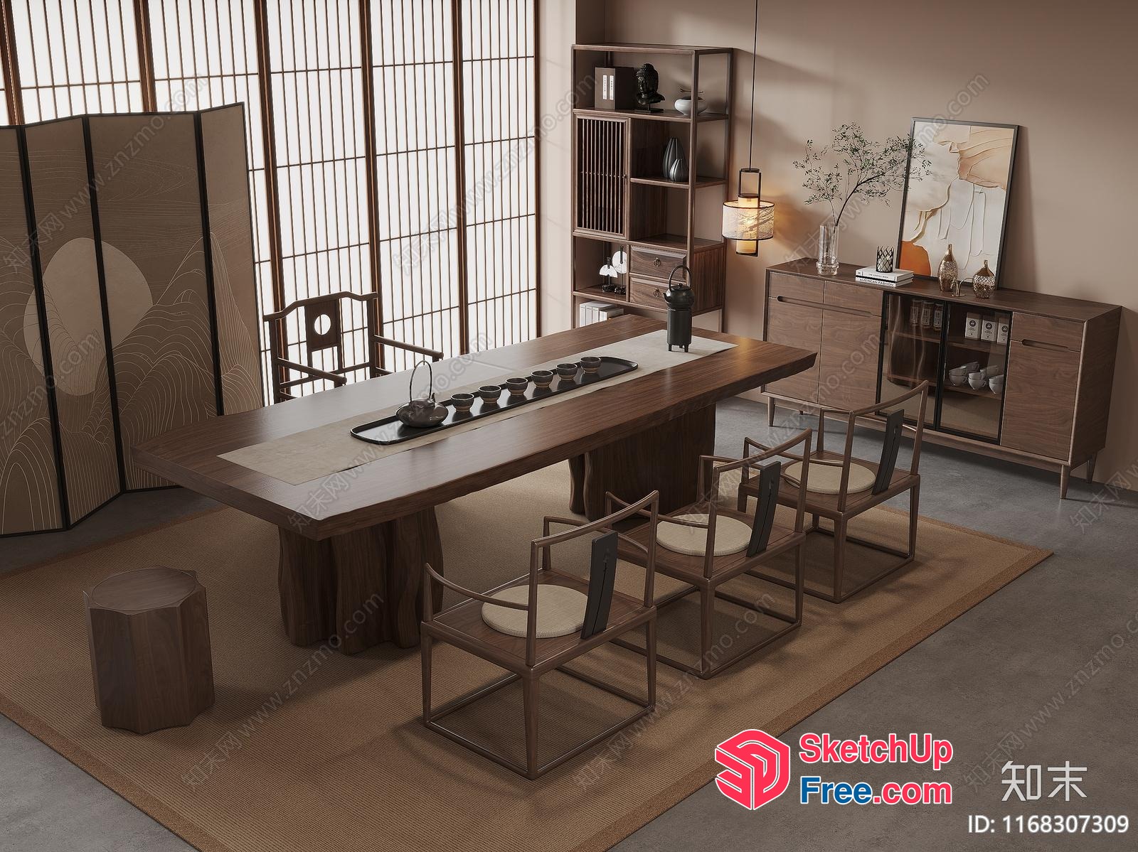 Elegant Japanese Style Dining Room With Wood Furniture 3D SketchUp File