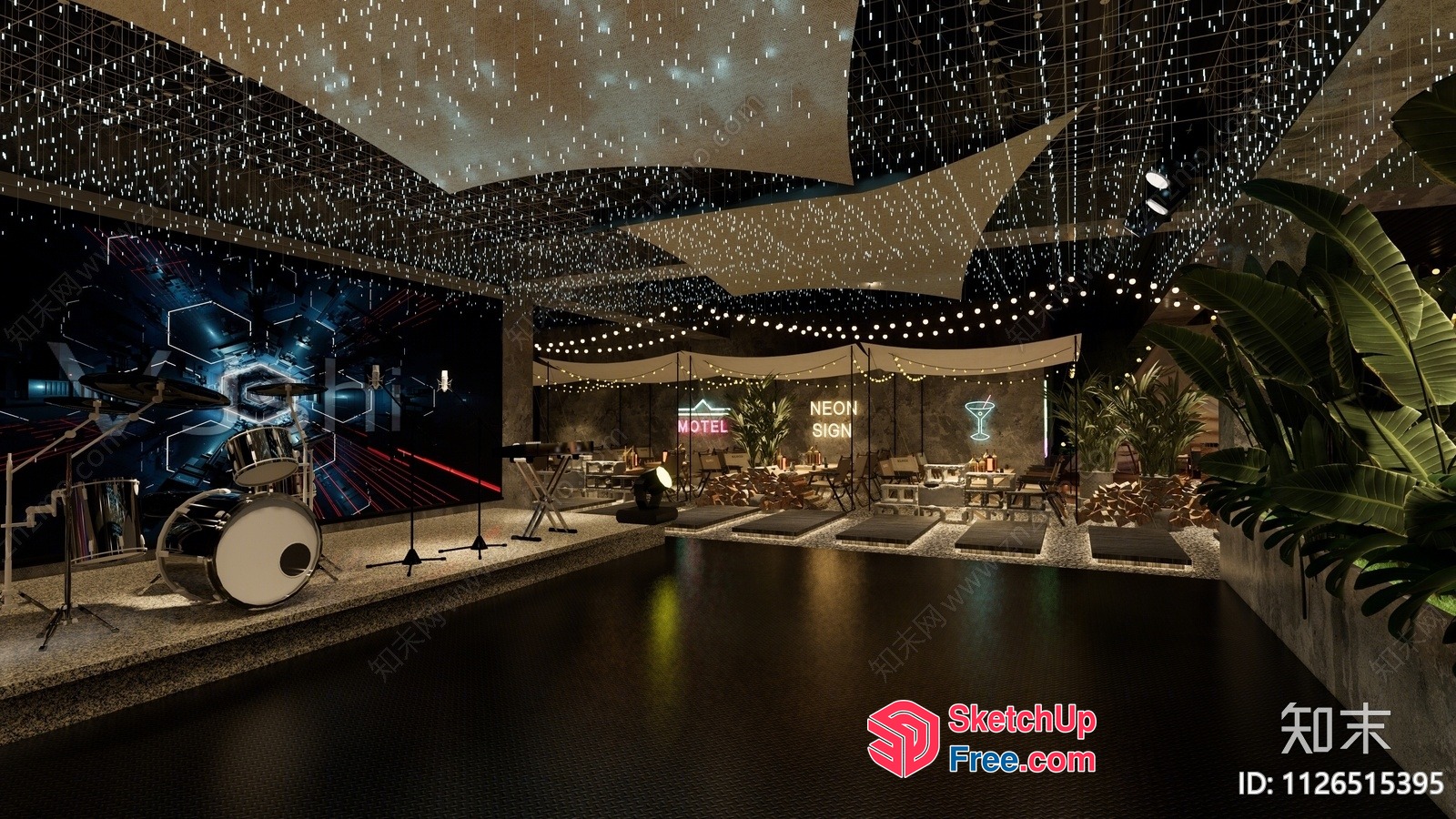 Futuristic Modern Bar Interior With Stage And Neon Sign 3D SketchUp File