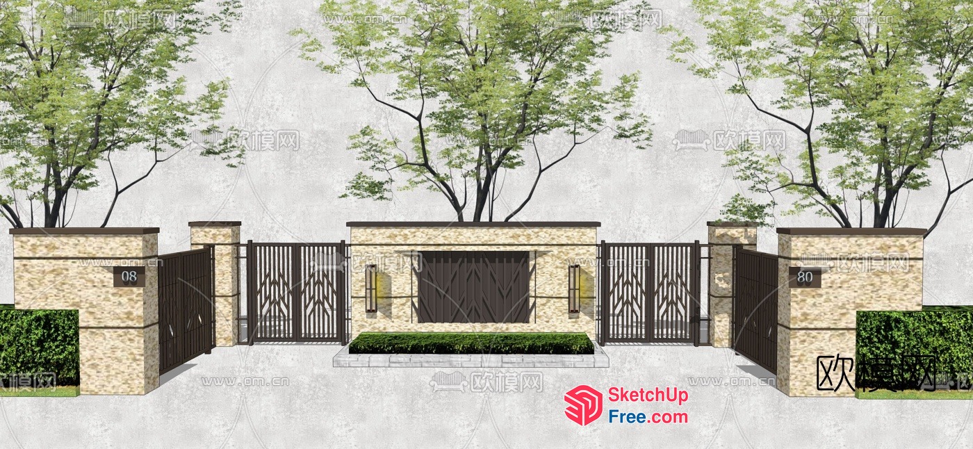 Elegant Villa Entrance With Stone Pillars And Metal Gates 3D SketchUp File