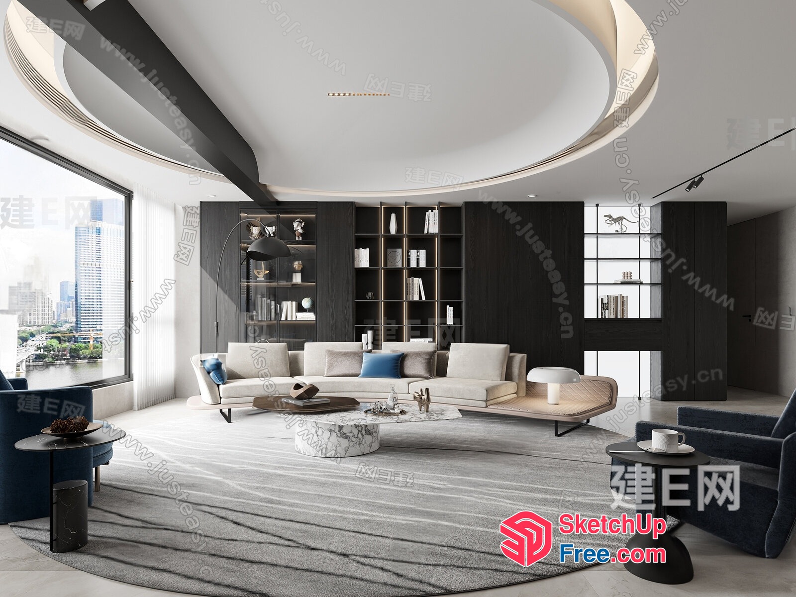 Elegant Modern Living Room With Curved Ceiling And City View 3D SketchUp File