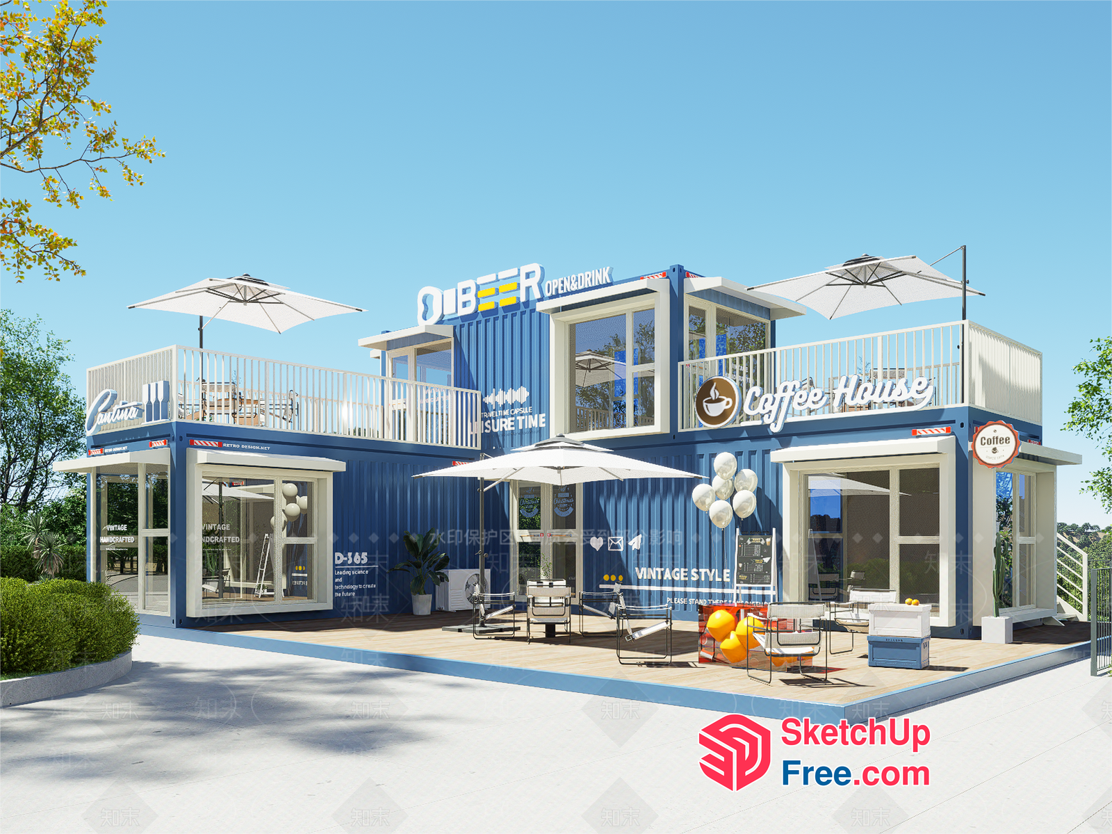 Blue Shipping Container Coffee Shop 3D SketchUp File