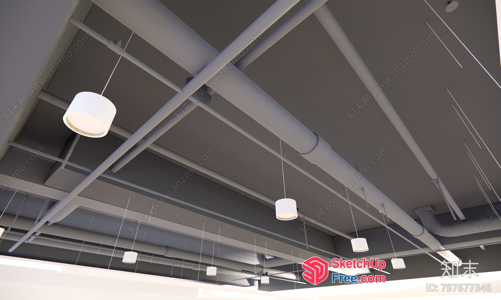 Industrial Ceiling Lighting Fixtures And Pipes 3D SketchUp File