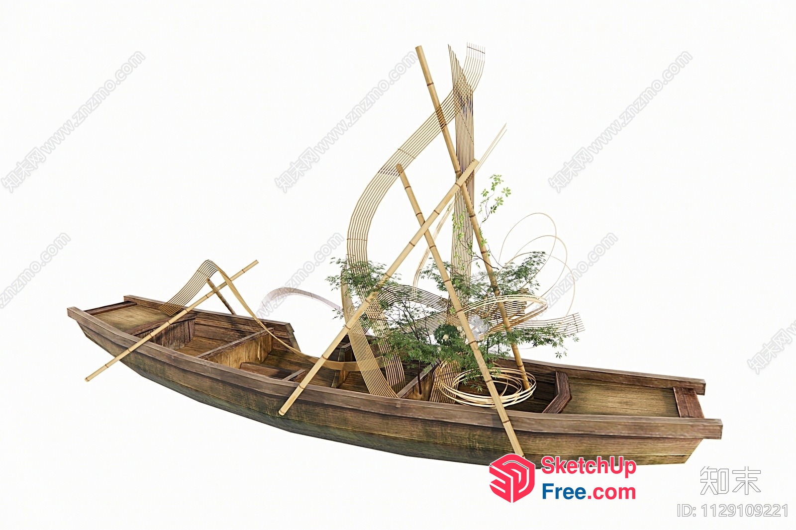 Wooden Boat With Bamboo Decorations 3D SketchUp File