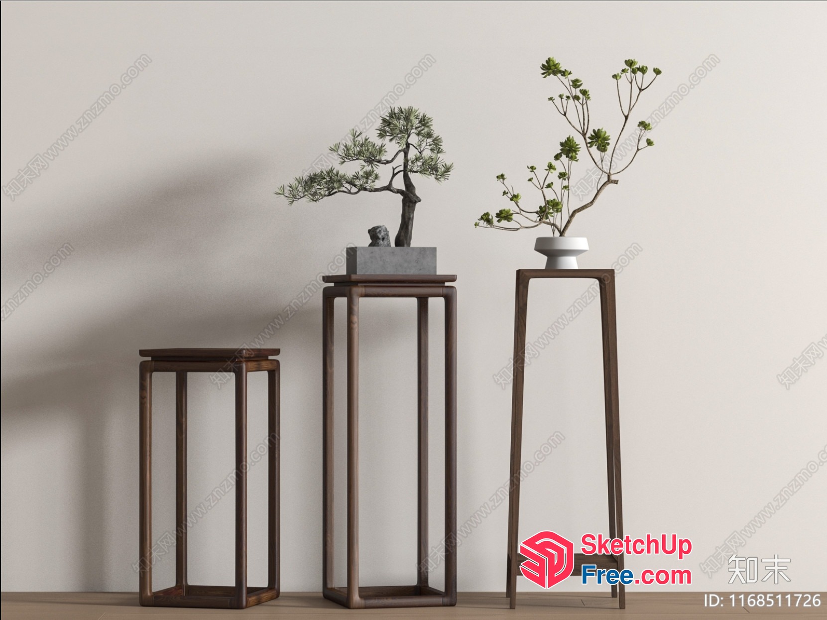 Three Wooden Plant Stands And Two Decorative Plants 3D SketchUp File