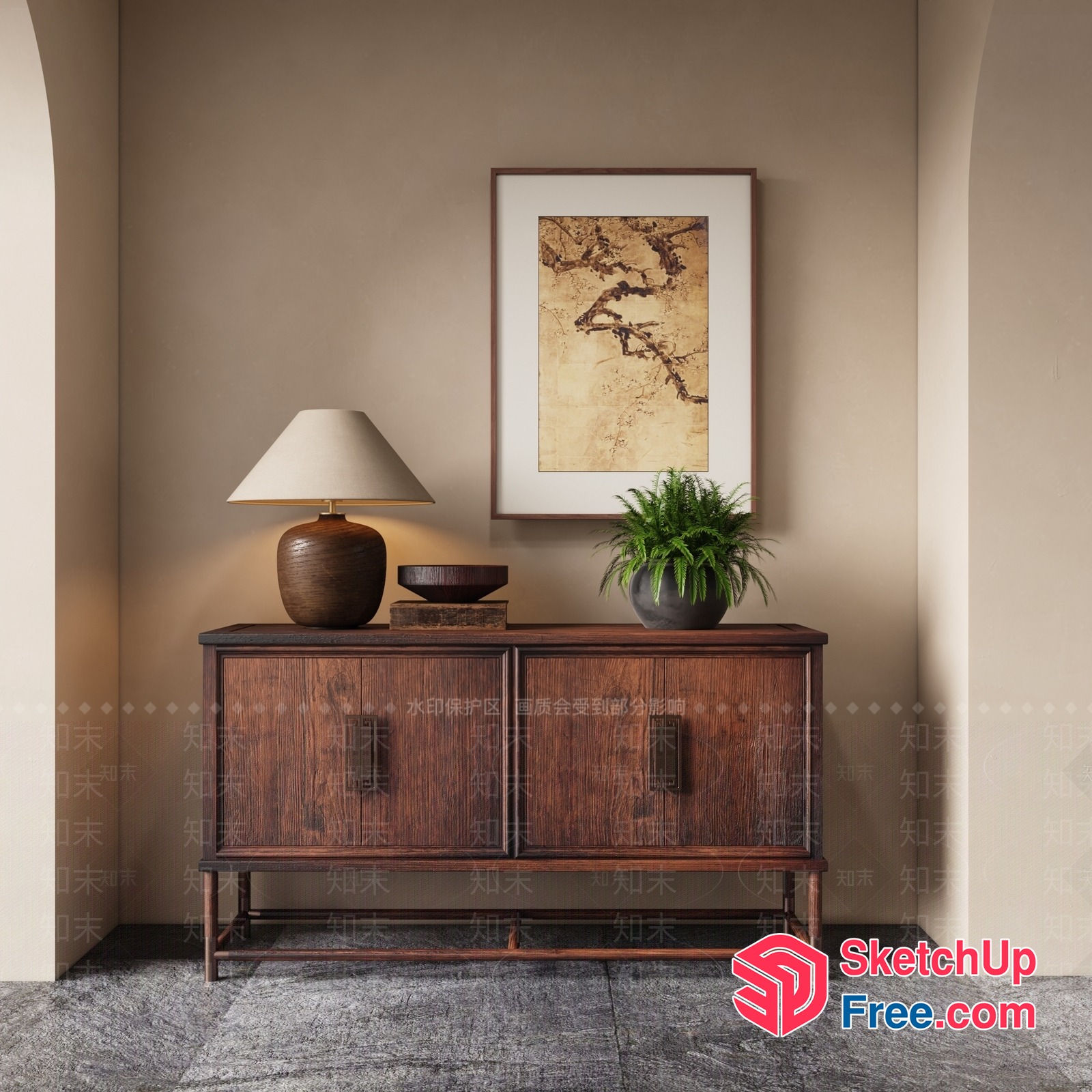 Elegant Dark Wood Sideboard With Modern Lamp And Artwork 3D SketchUp File
