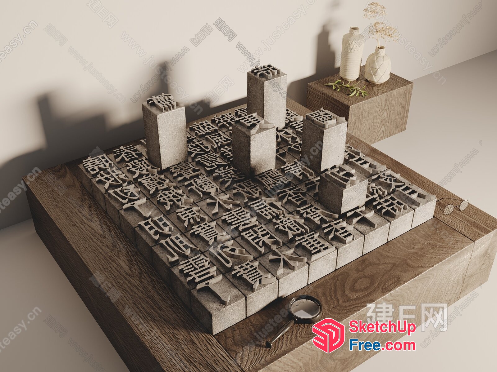 Chinese Calligraphy Display On Wooden Table 3D SketchUp File