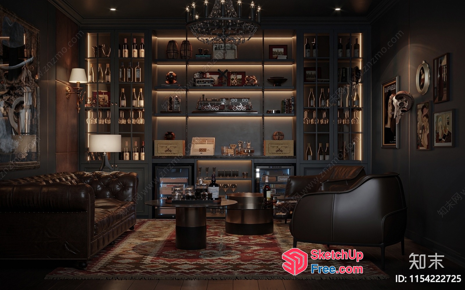 Dark Luxurious Living Room With Leather Furniture And Cigar Bar 3D SketchUp File