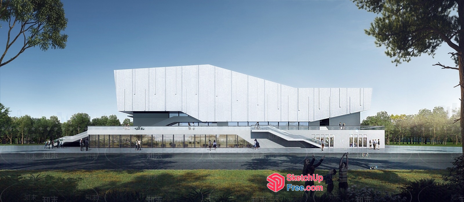 Modern Architectural Building With Glass Curtain Wall 3D SketchUp File