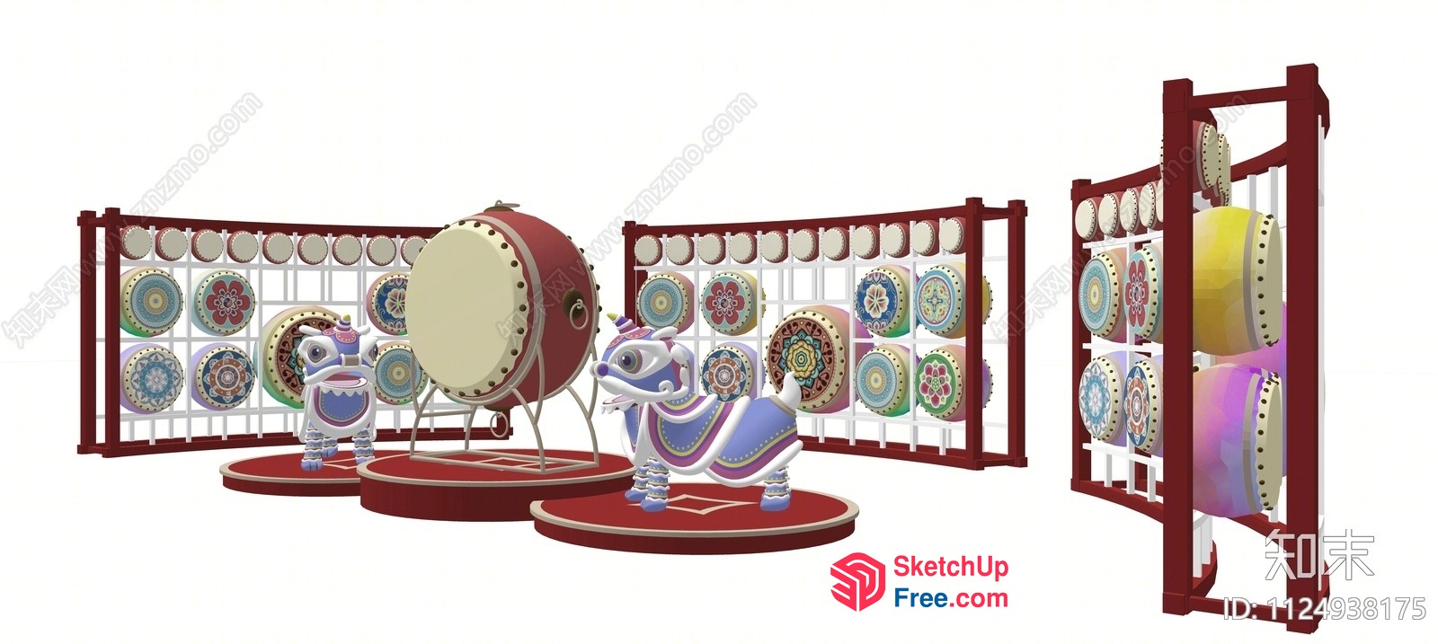 Vibrant Decorative Display With Colorful Drums And Animal Figures 3D SketchUp File