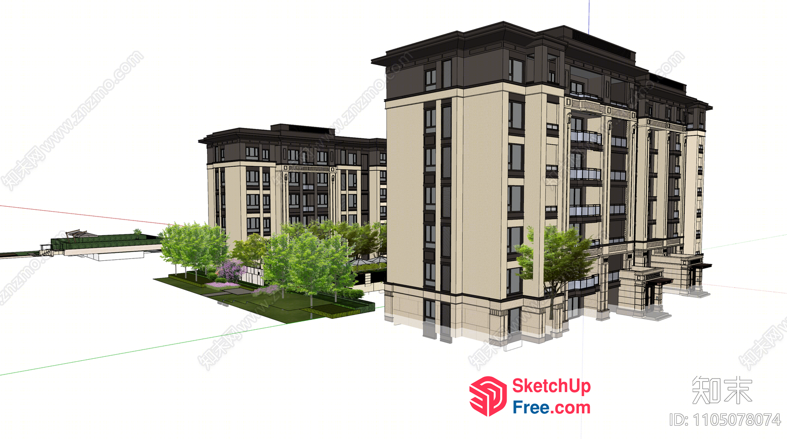 Modern Apartment Building With A Large Courtyard And Trees 3D SketchUp File